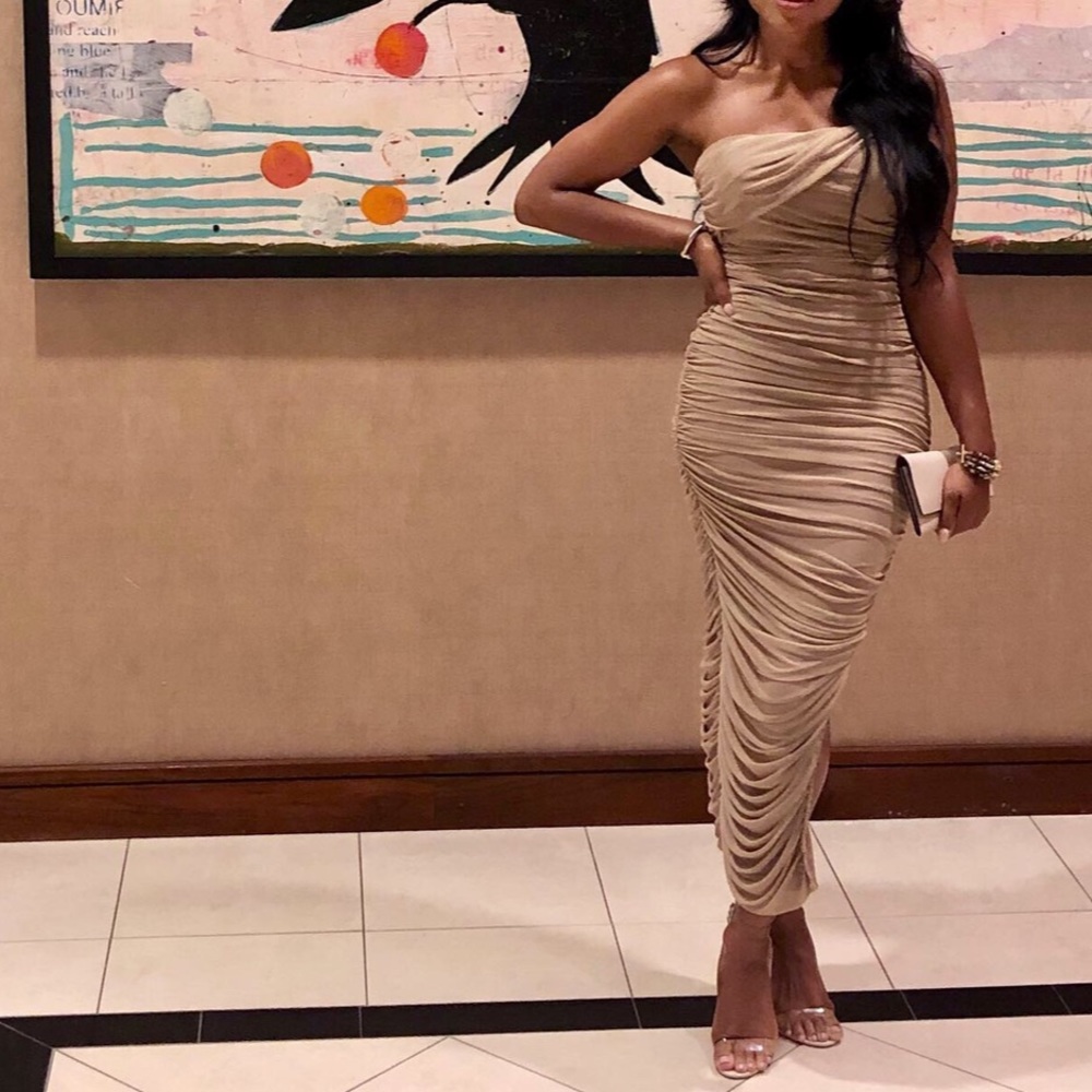 JLUXLABEL Tan Claudia Ruched Dress!